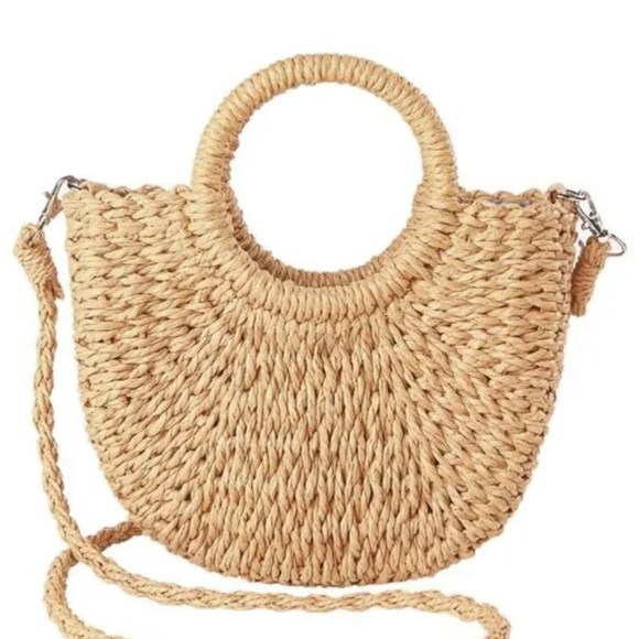 Tan Crossbody Bag with Woven Design and Bamboo Handles - Picture 1 of 11